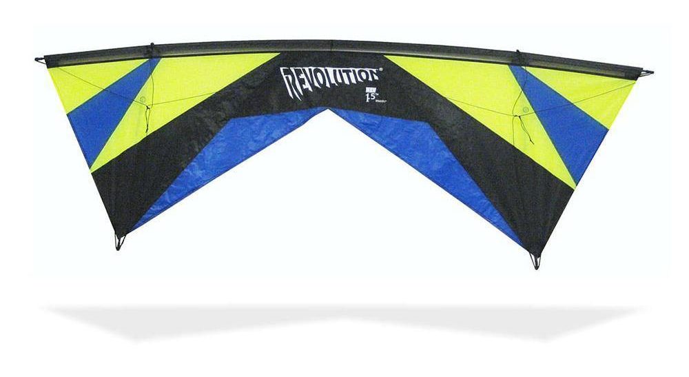 Blue, black, and lime Revolution quad line kite