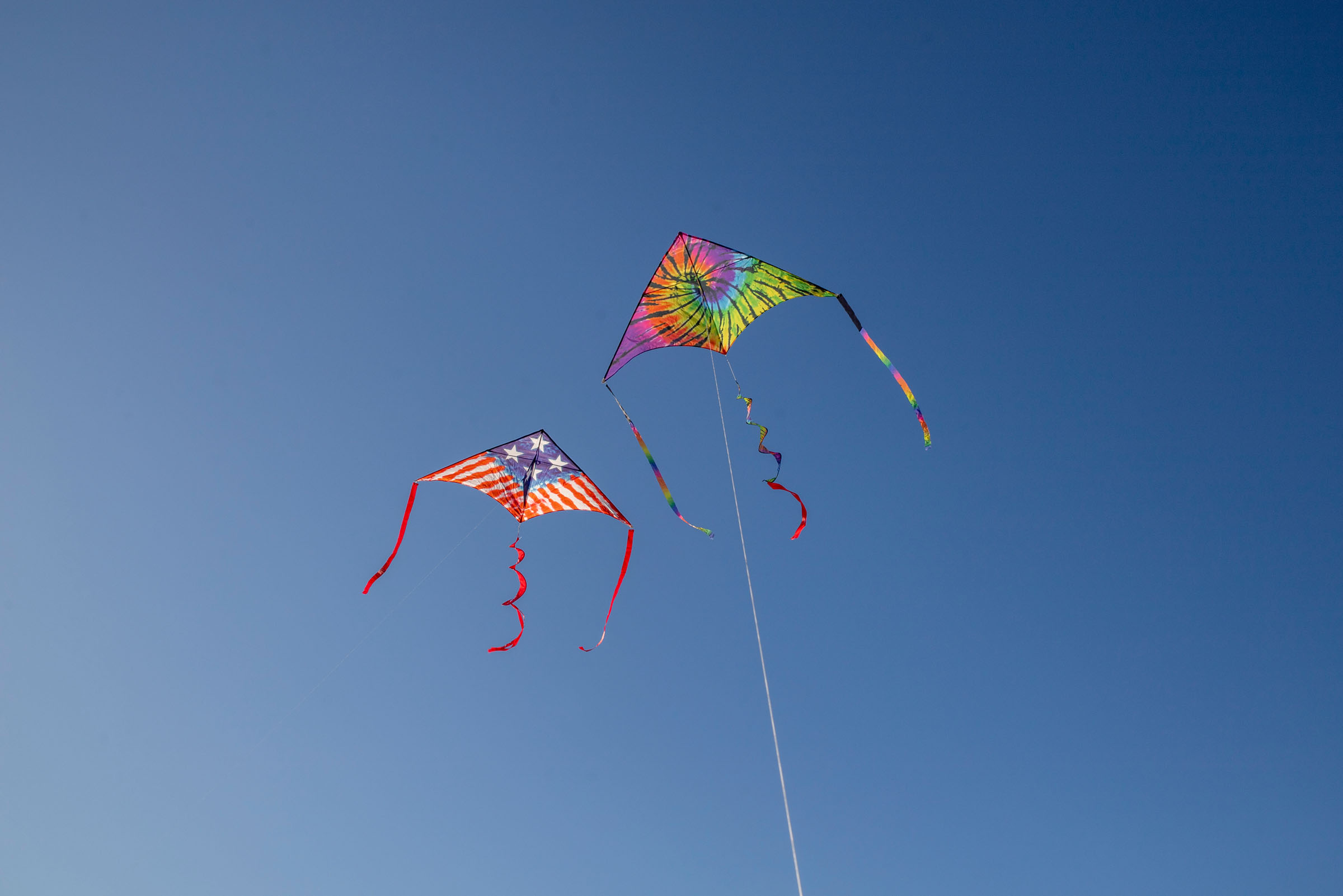 Two colorful kites fly against a clear blue sky.