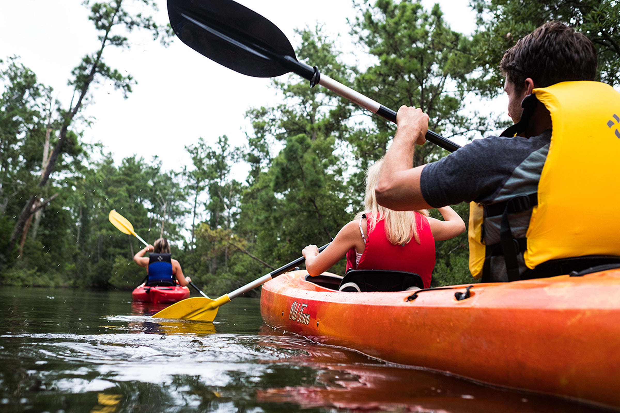 Three people paddle kayaks along a calm wooded waterway.